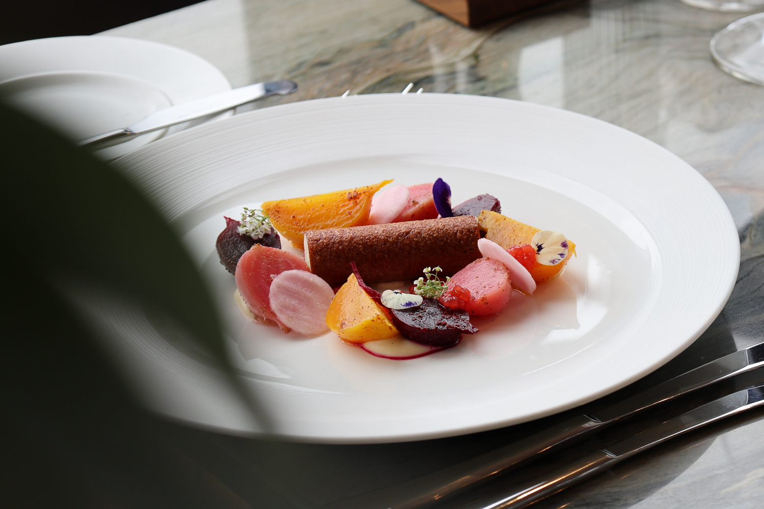 Beautifully plated seasonal dish at Fingal’s restaurant in Edinburgh, showcasing fine dining available with a Fingal restaurant gift voucher.