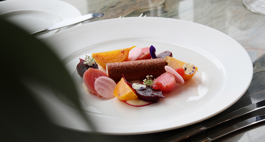 Beautifully plated seasonal dish at Fingal’s restaurant in Edinburgh, showcasing fine dining available with a Fingal restaurant gift voucher.