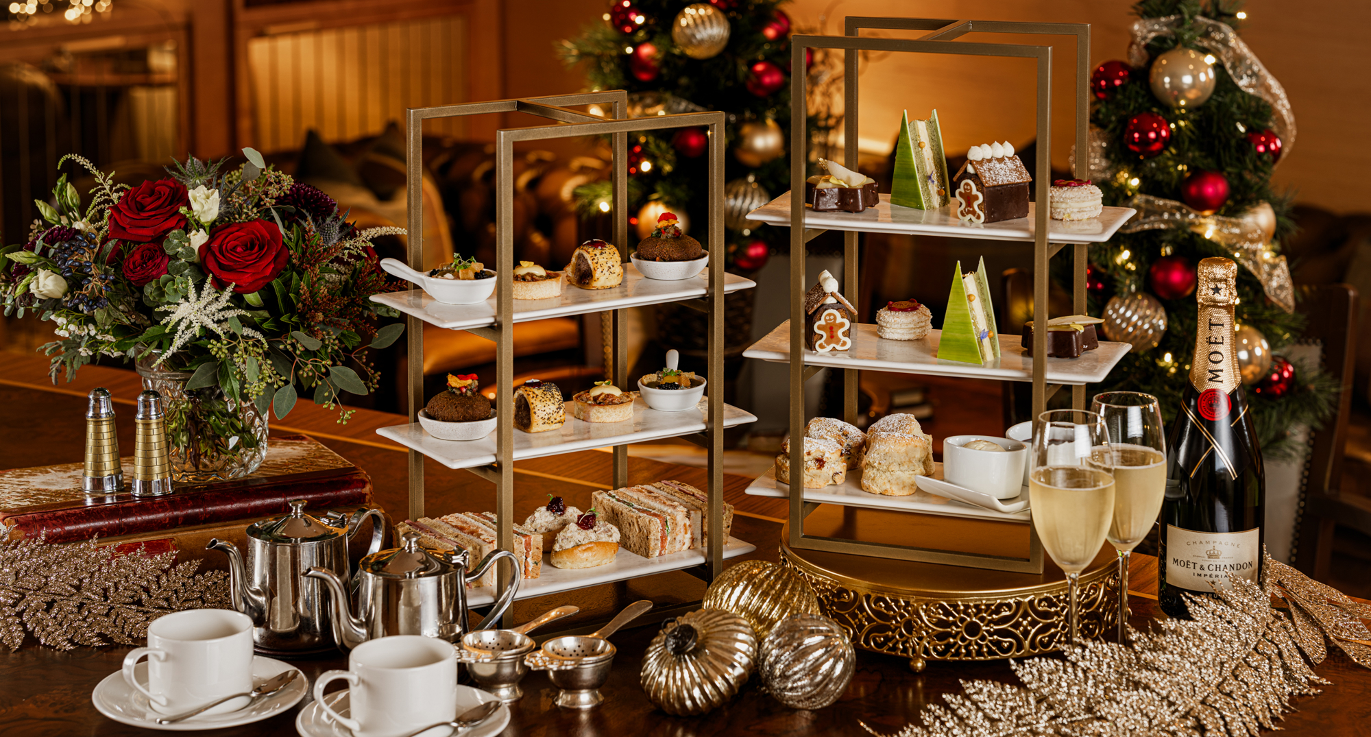 Festive Afternoon Tea with Champagne Glasses 