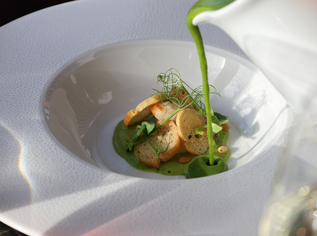 Pea & wild garlic velouté, smoked eel, toasted  pine nuts pouring shot