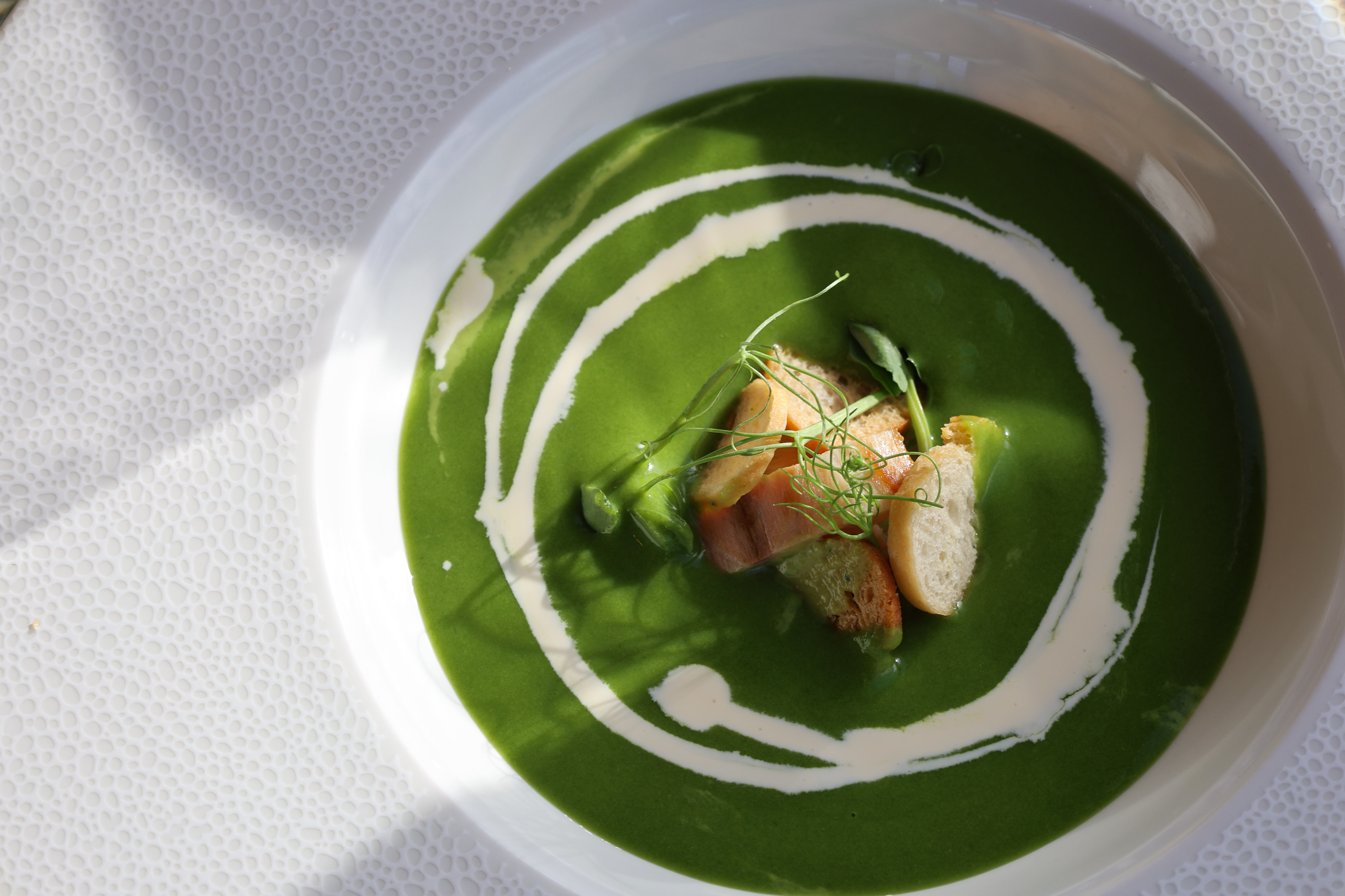 Vibrant green soup with a cream swirl, topped with croutons and fresh herbs.