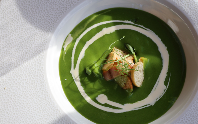 Pea & wild garlic velouté, smoked eel, toasted pine nuts