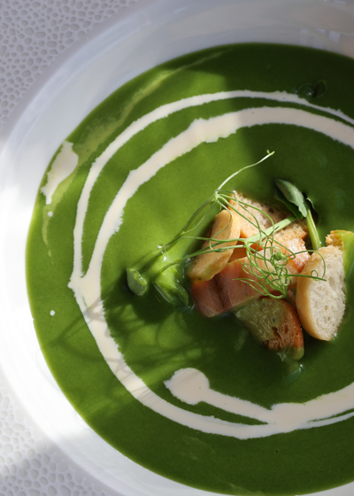 Pea & wild garlic velouté, smoked eel, toasted pine nuts