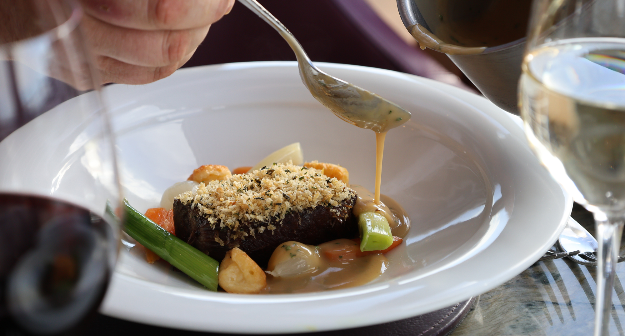 Black Isle beef cheek, horseradish crumb, Parisienne  gnocchi, Chantenay carrots, blanquette sauce