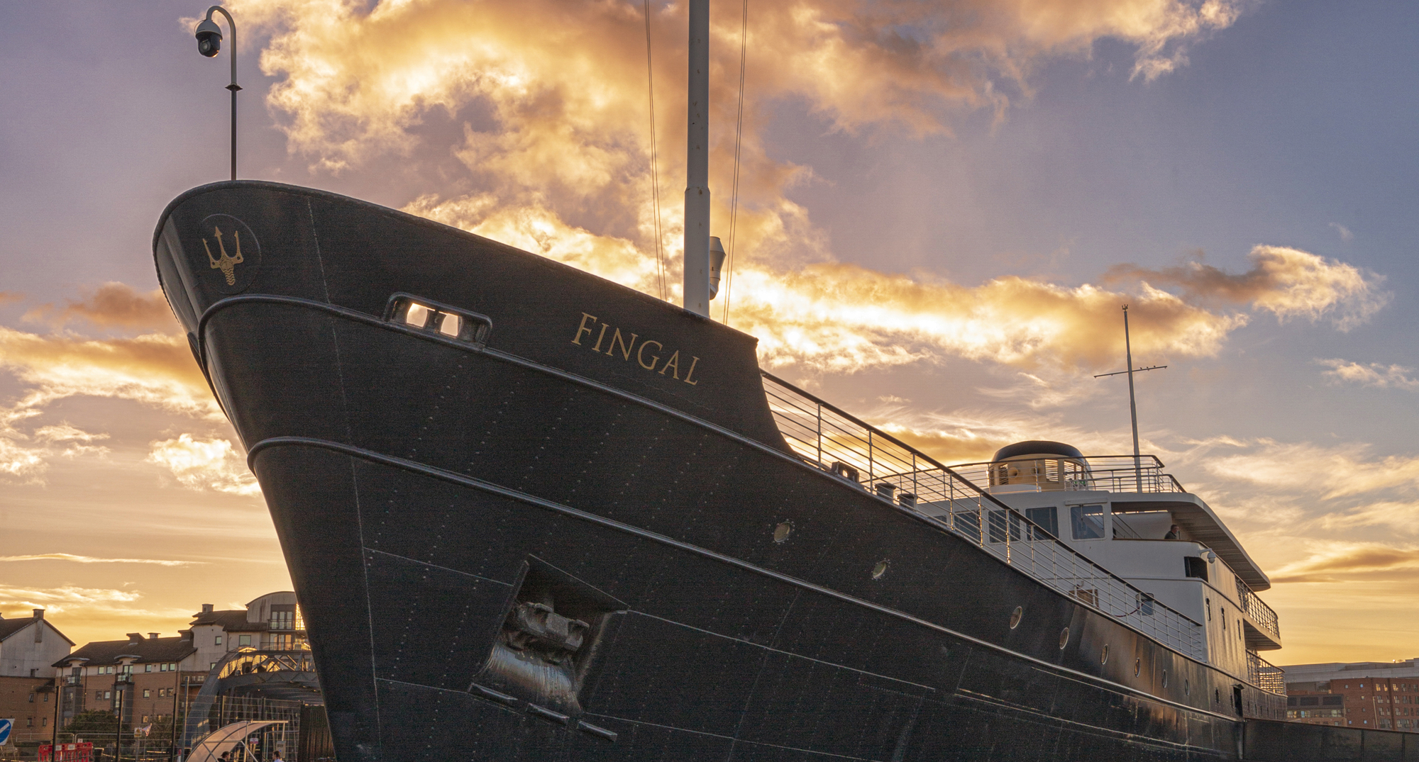 The exterior of Fingal Hotel at sunset. 