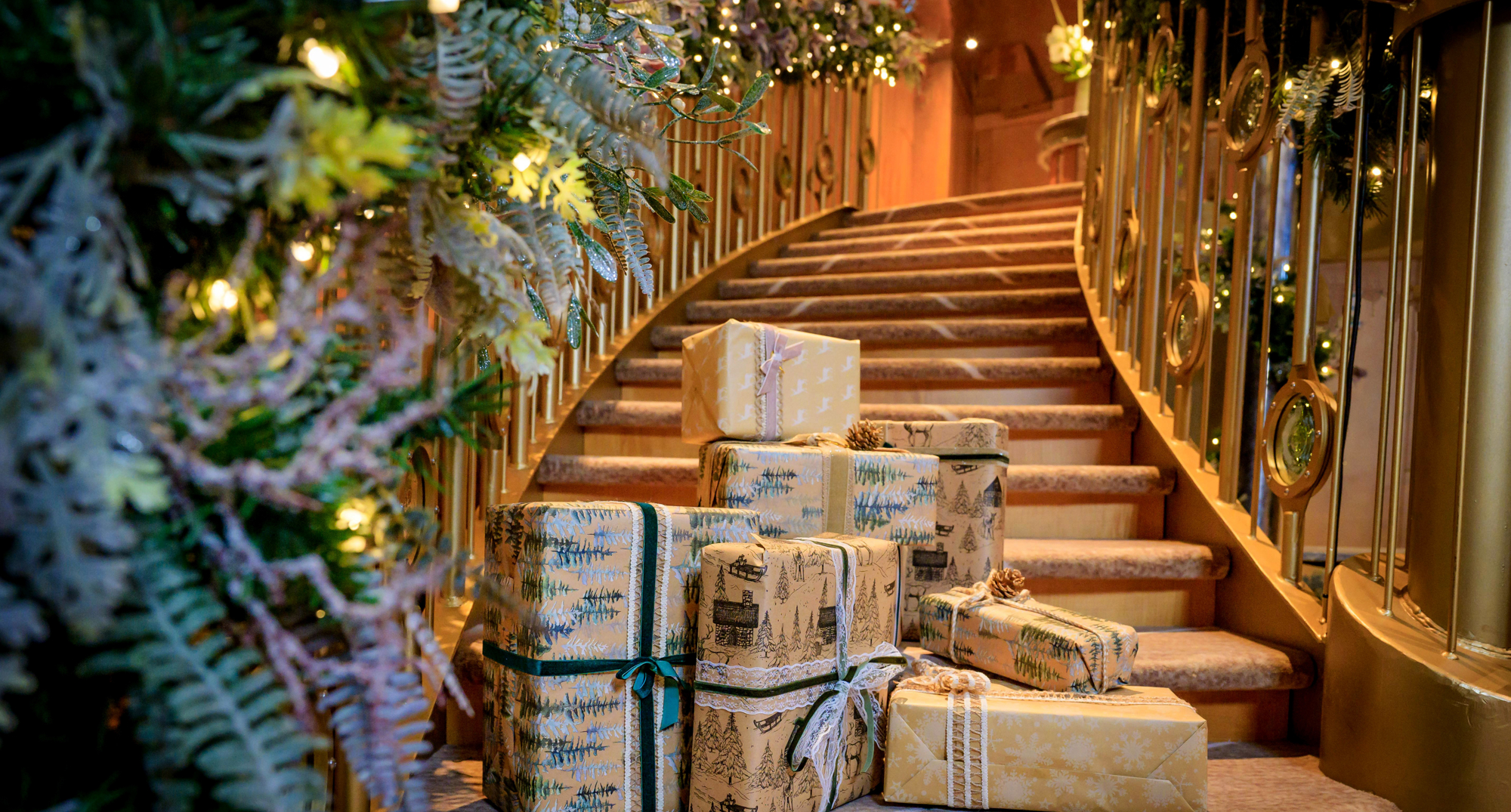 Christmas presents on the stairs of the Ballroom