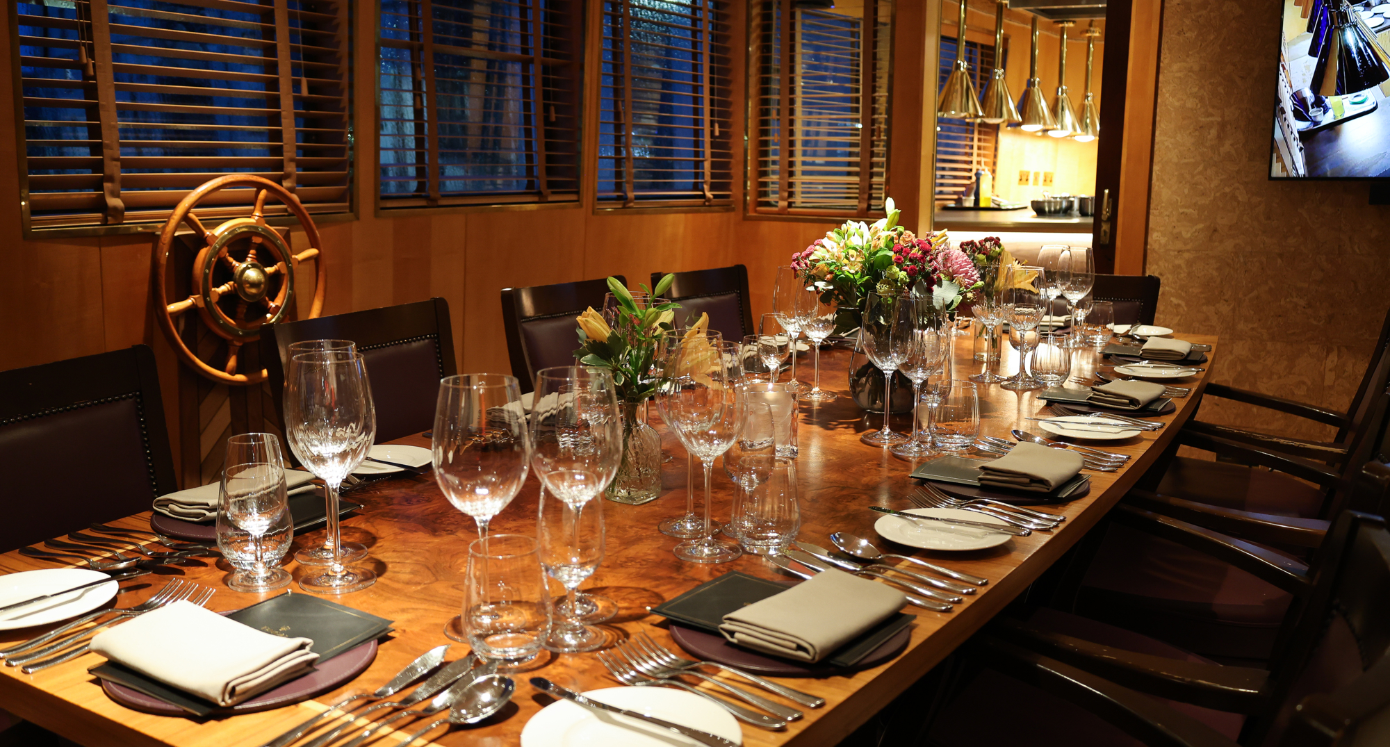 The bridge aboard a ship set up for dinner