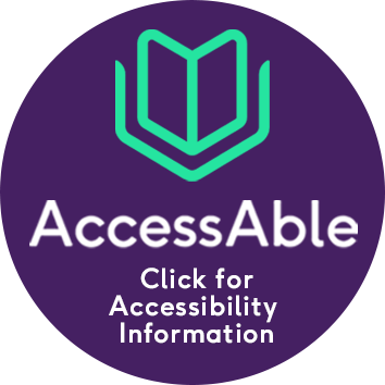 The logo for AccessAble. It is a purple circle with turquoise graphic. The text underneath reads AccessAble Click for Accessibility Information.