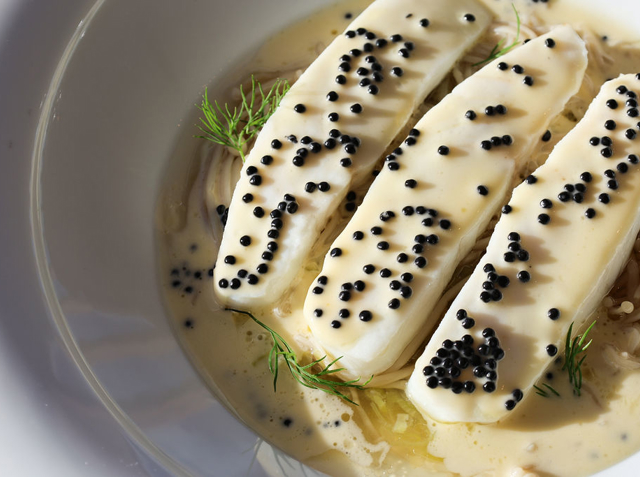 Loch Fyne halibut aiguillette, enoki & leek broth, Arenkha caviar beurre blanc