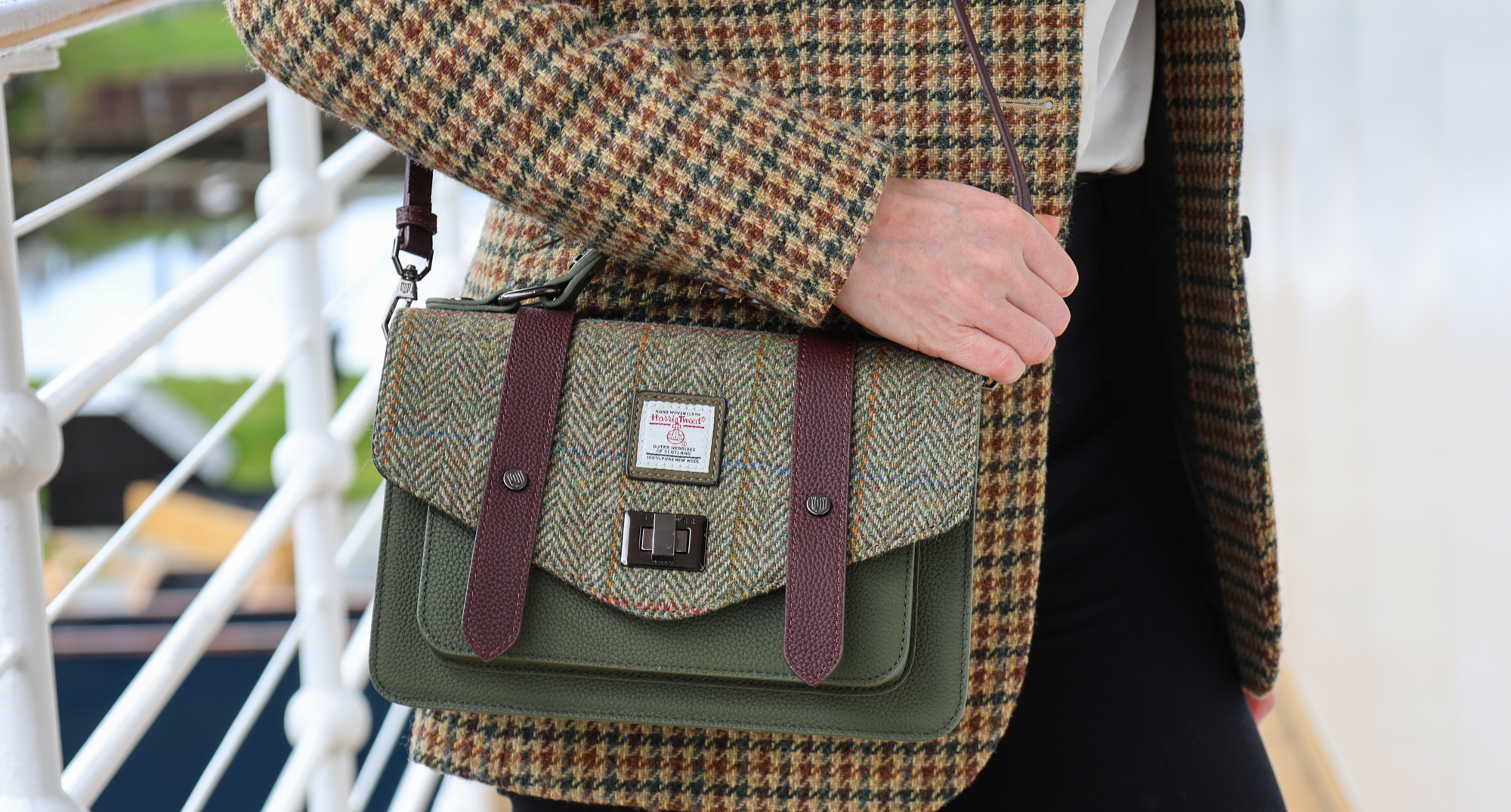 Green tweed Islander handbag with purple straps