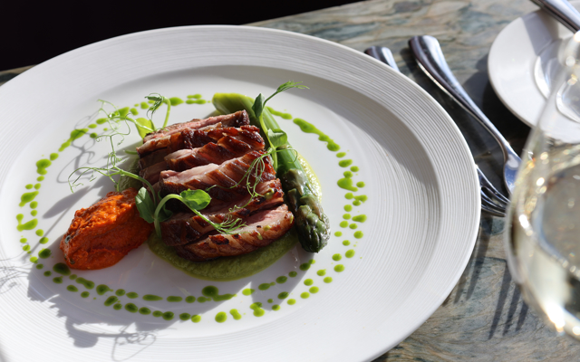 Tweed Valley lamb rump, courgette & basil purée,  romesco, asparagus & lamb jus