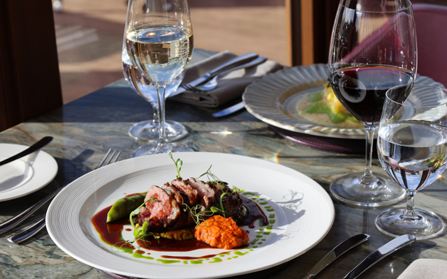 Tweed Valley lamb rump, courgette & basil purée,  romesco, asparagus & lamb jus