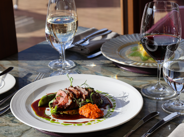 Tweed Valley lamb rump, courgette & basil purée,  romesco, asparagus & lamb jus