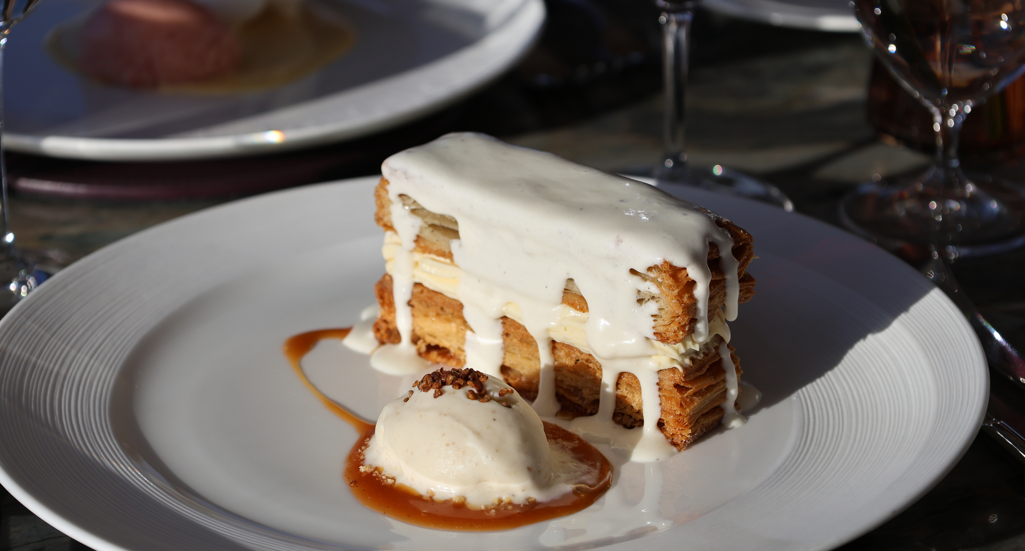 Mille-feuille, vanilla crème pâtissière, salted caramel,  sobacha ice cream