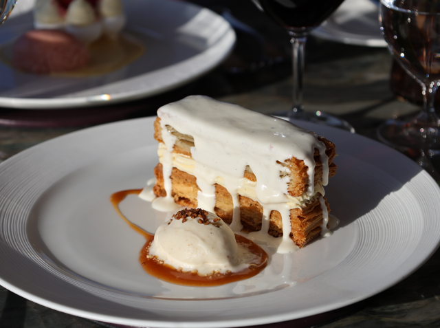 Mille-feuille, vanilla crème pâtissière, salted caramel,  sobacha ice cream