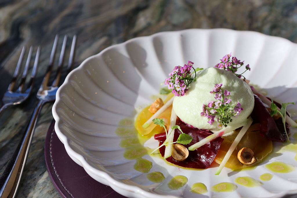 Beetroot dish in the sunshine in a dining room