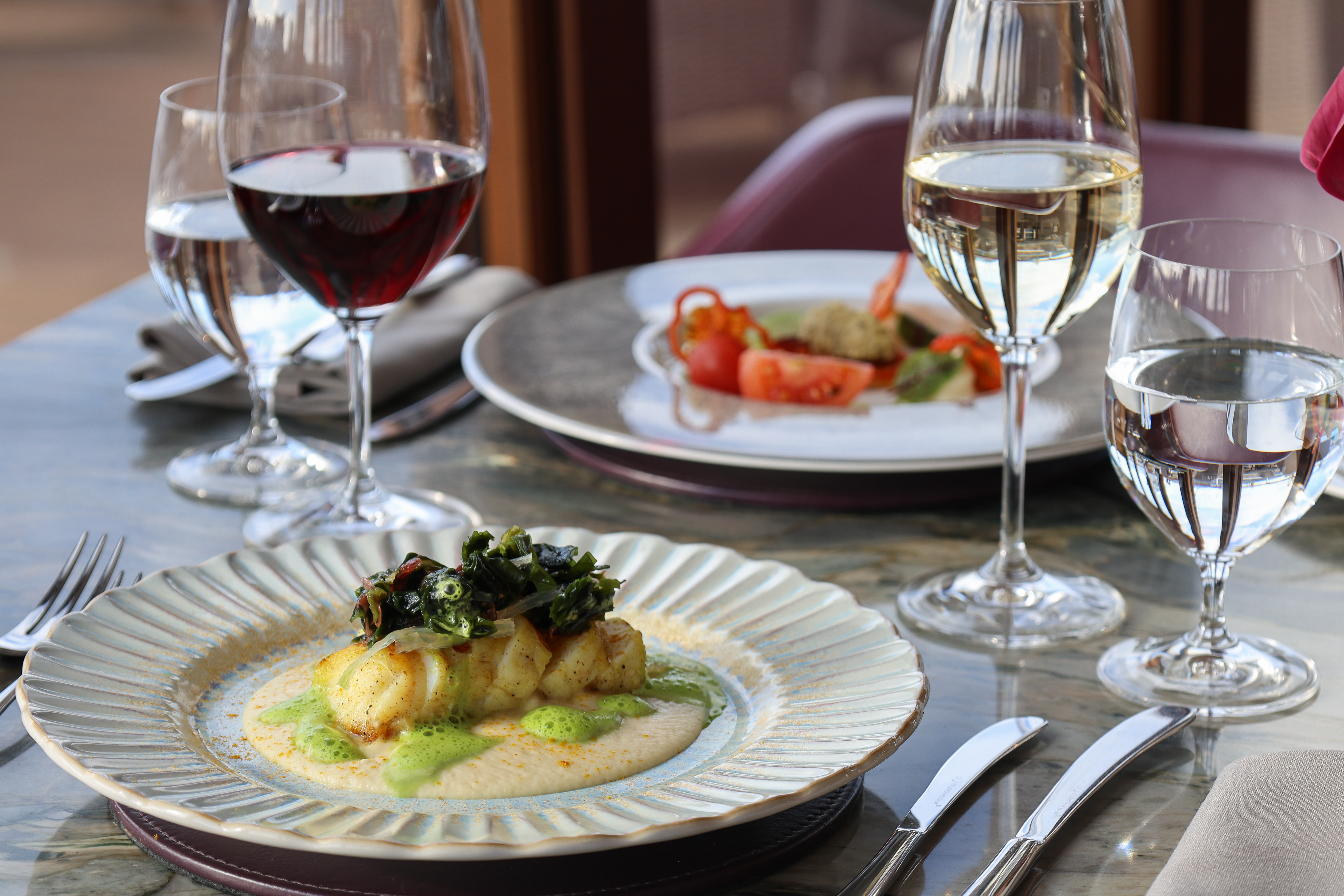 Seared fish with greens and creamy sauce beside a tomato and pâté starter, paired with red and white wine.